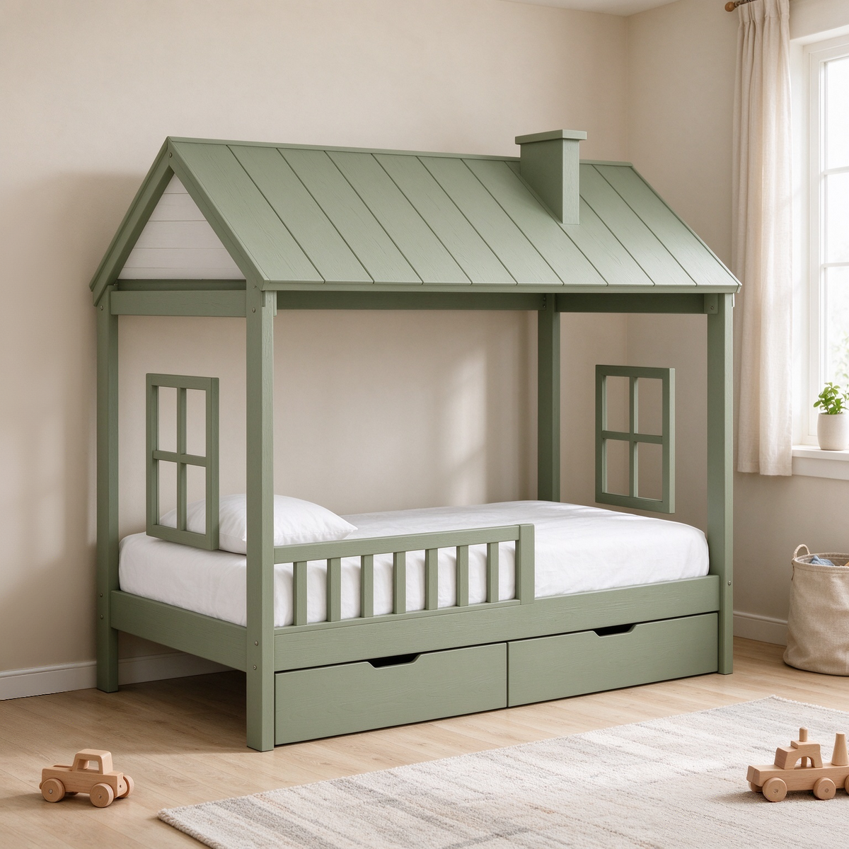🏡💚 Malý domeček, velké sny! Postel z masivní borovice s praktickými výsuvnými zásuvkami promění dětský pokoj v útulné místo plné fantazie. ✨🛏️
